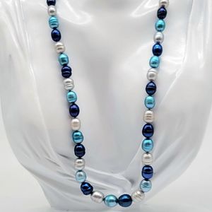 Vintage Honora Multicolor Metallic Blue and Silver Ringed Potato Pearl Necklace